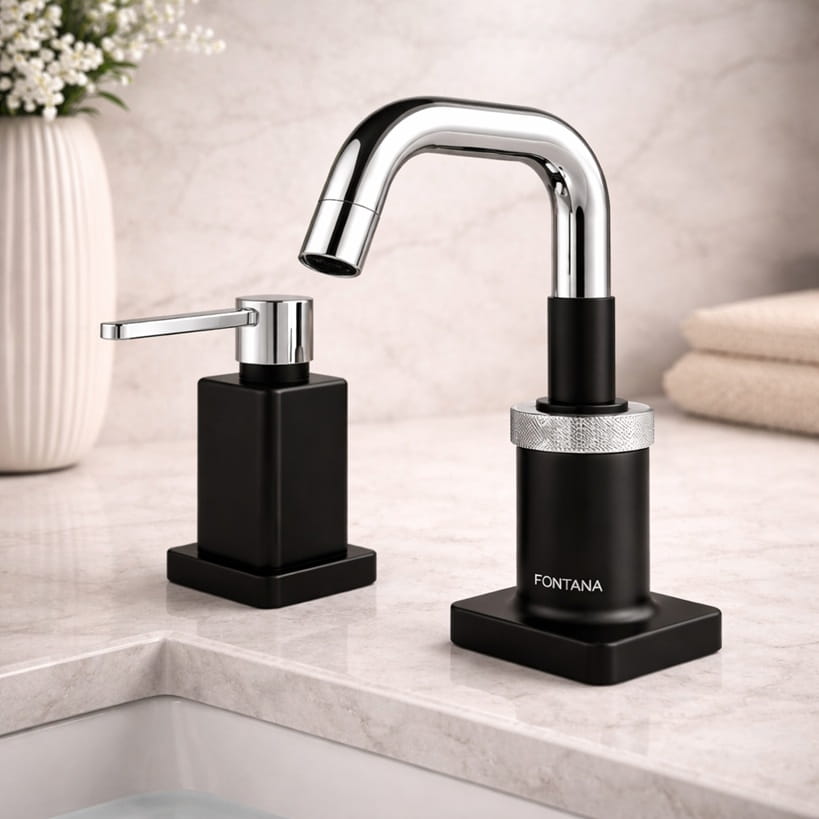 Architectural touchless faucet in a premium corporate office restroom with blue-toned finishes