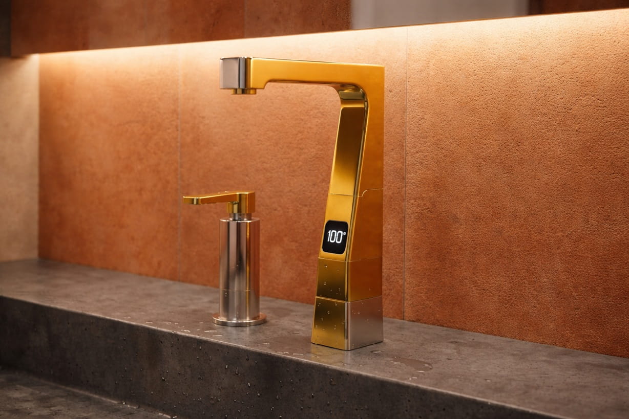 Touchless faucets lined across a stadium restroom built for heavy event traffic