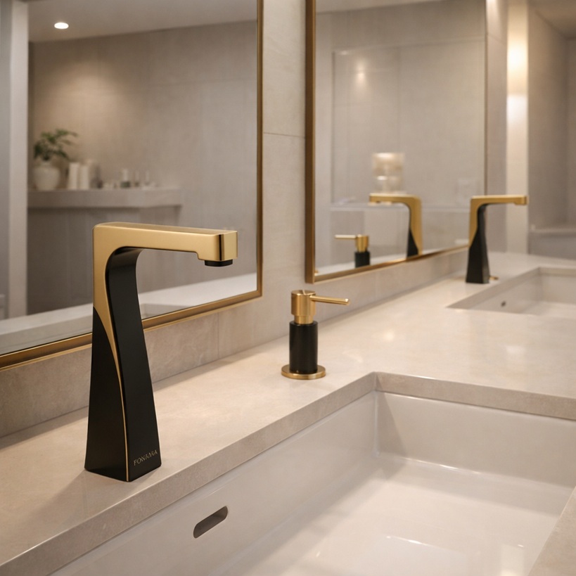 Hands-free faucet installed in a hospital handwashing station with clinical interior design