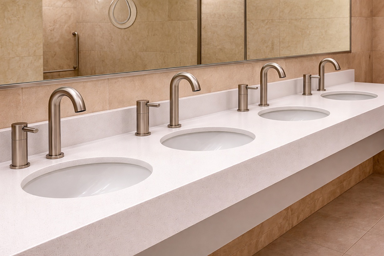 Architectural sink area with coordinated touchless fixtures in blue and white commercial restroom palette