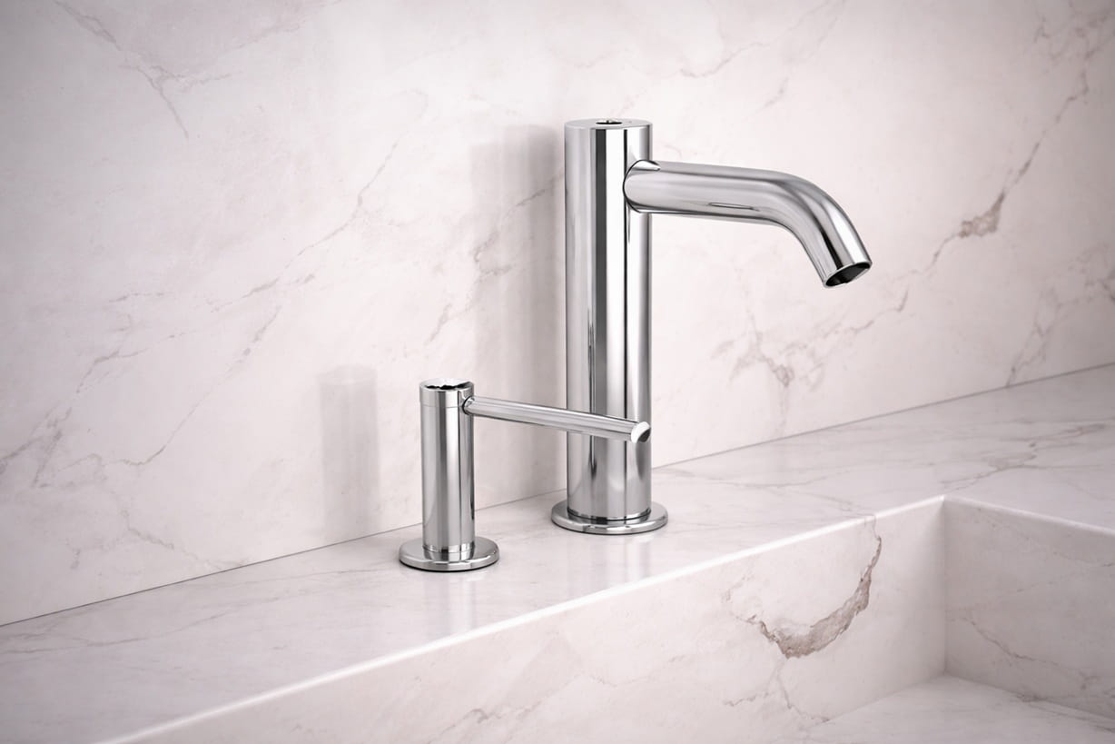 Facility maintenance technician inspecting commercial touchless faucet installation