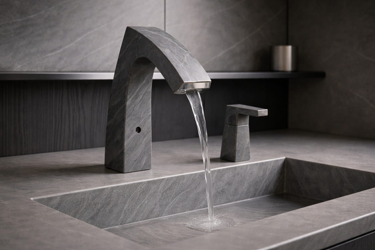 Architectural specification desk with touchless faucet drawings, finish samples, and commercial restroom planning documents