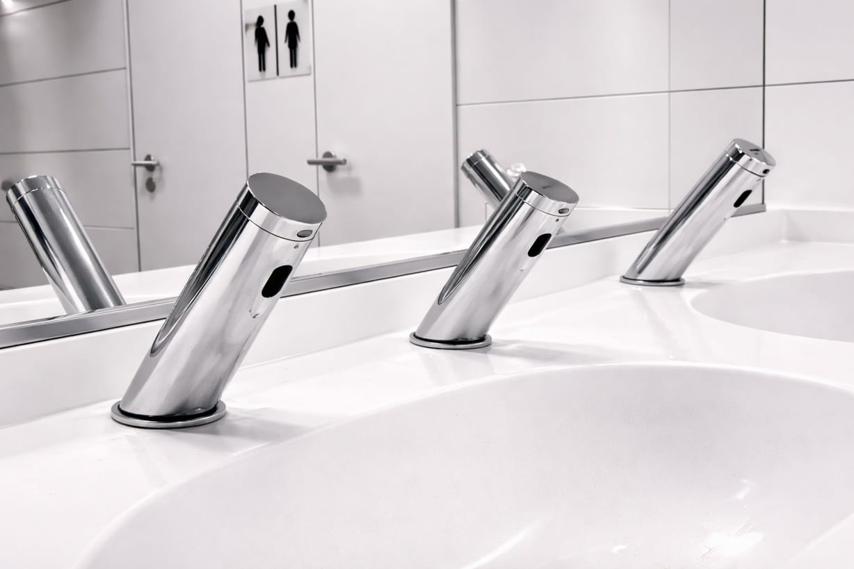 High-traffic airport restroom with touchless faucets and automatic soap dispensers