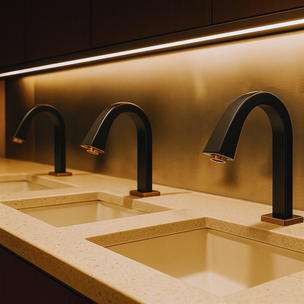 Commercial touchless faucet with brushed finish in ADA accessible hotel restroom