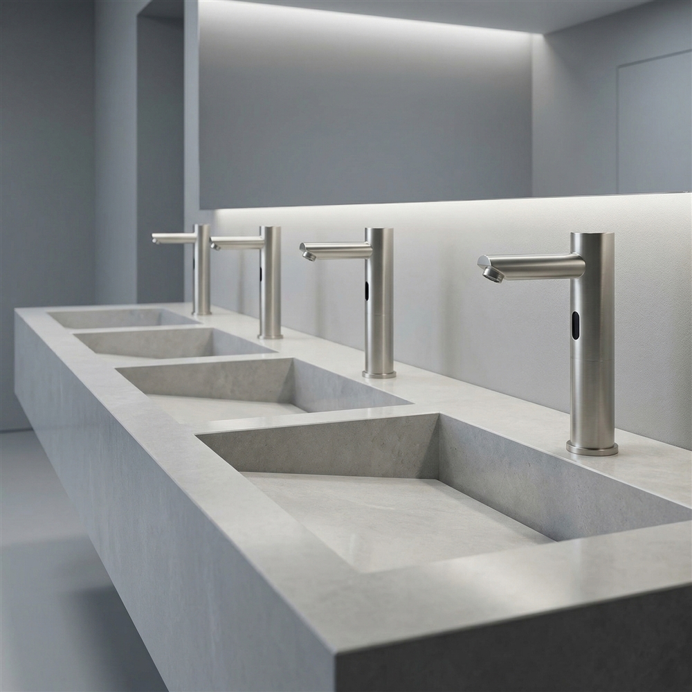 Commercial washroom with touchless faucet fixtures and modern automatic handwashing design