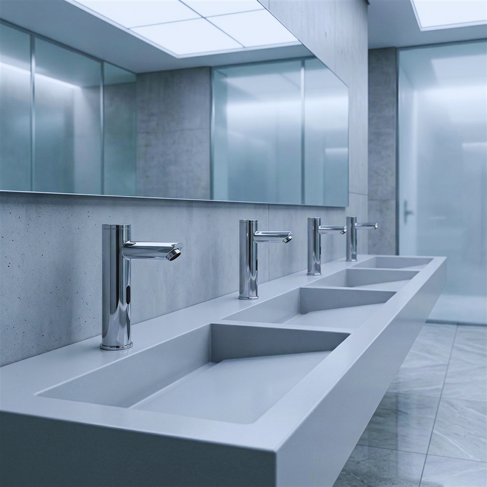 Architectural faucet finish selection board showing chrome, matte black, and brushed gold options for commercial restroom design
