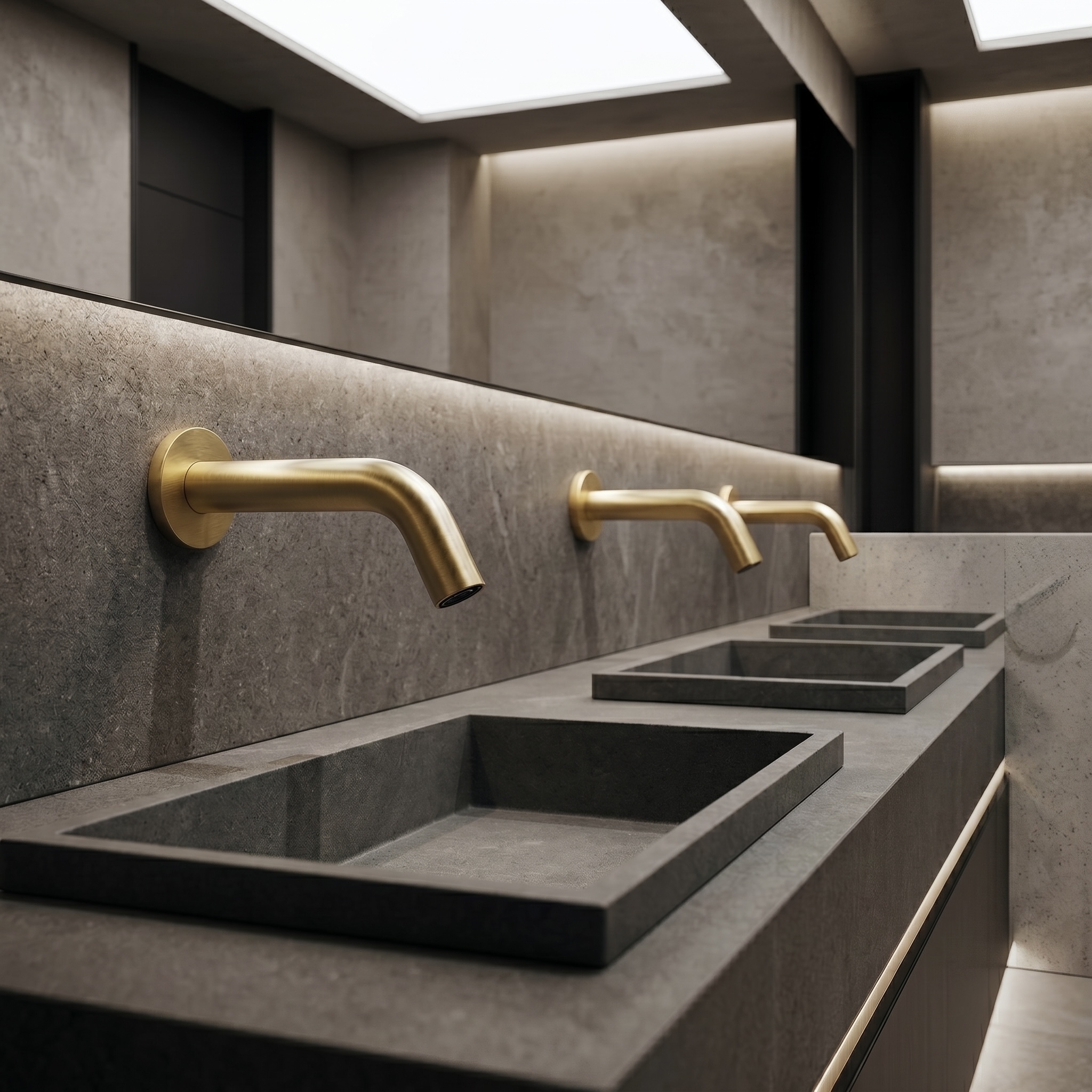 Touchless faucet commissioning in a modern commercial restroom with sensor testing and water stream alignment
