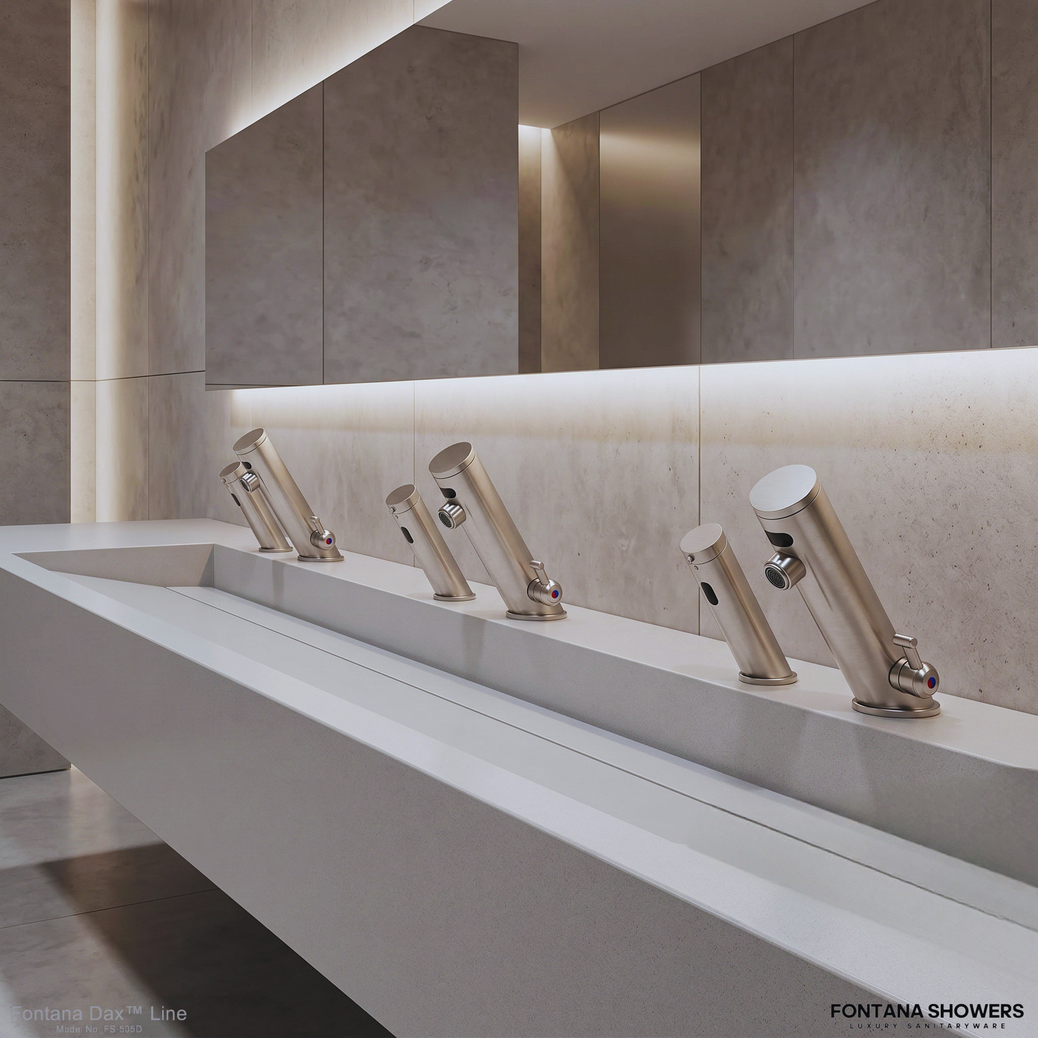 High-traffic airport restroom with touchless faucets and automatic soap dispensers