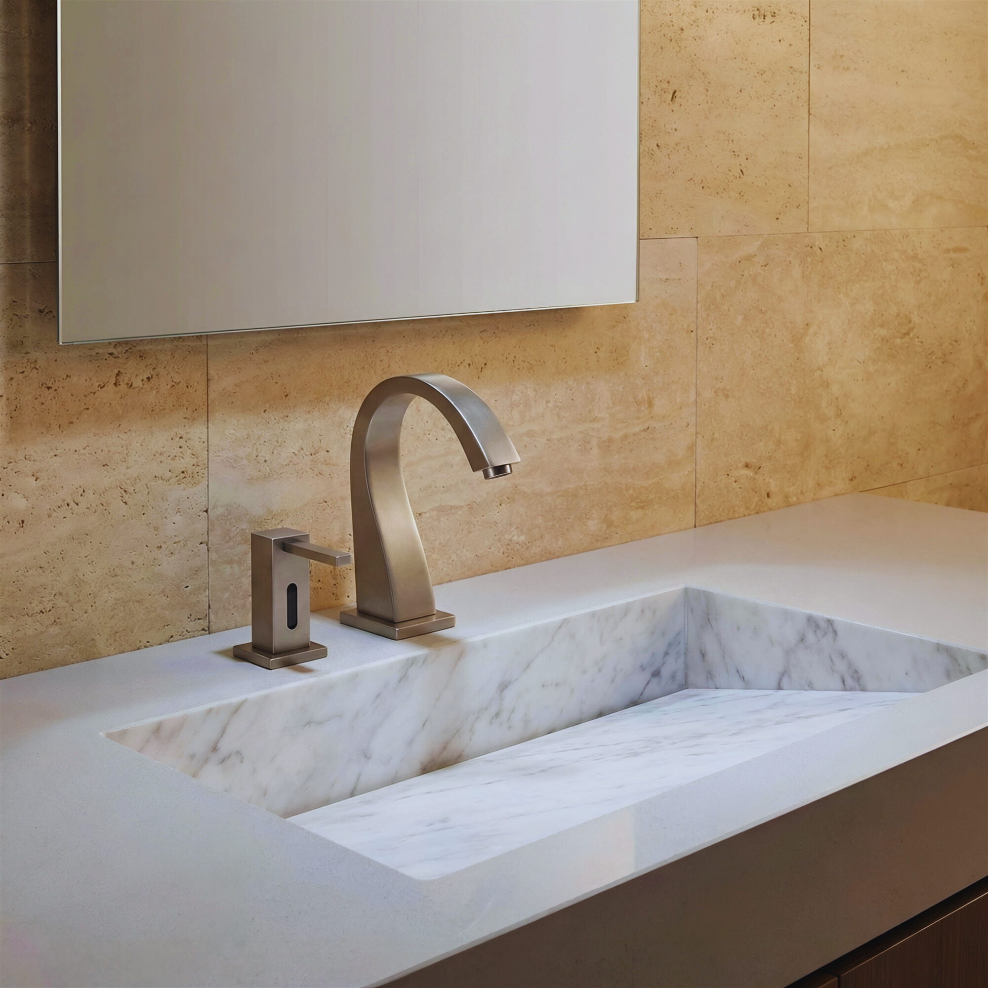 Facility maintenance technician inspecting commercial touchless faucet installation