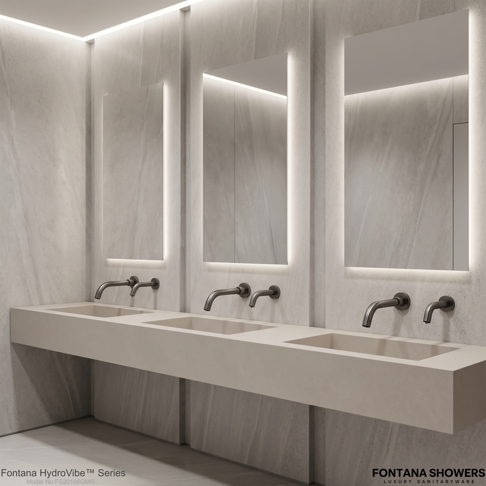 Luxury hospitality washroom concept with premium faucet finishes and coordinated surfaces