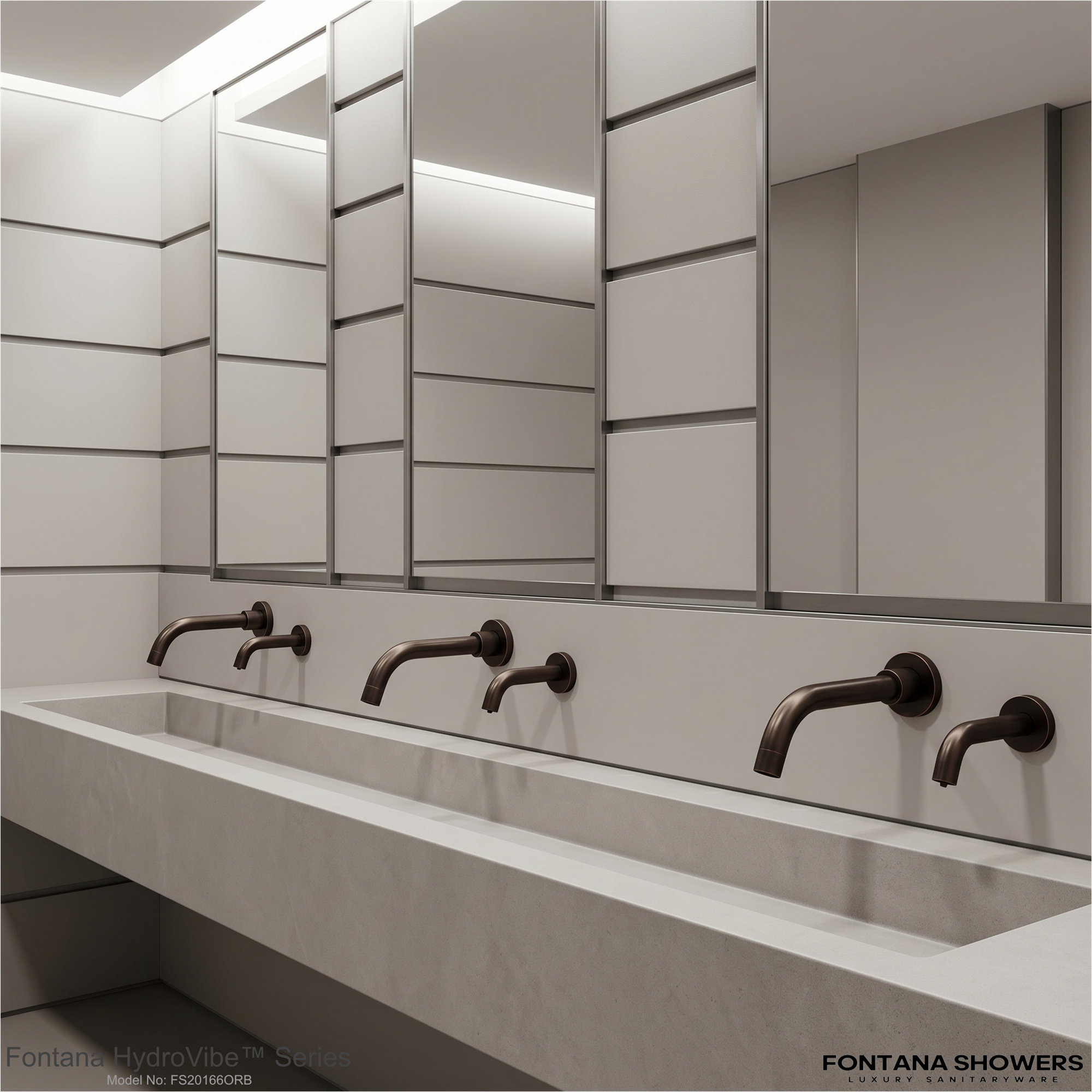 Premium commercial washroom design with modern Fontana touchless faucet styling inspiration