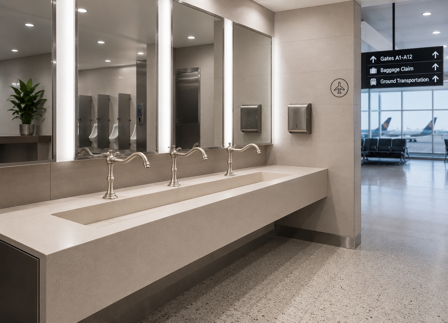 Modern airport restroom featuring touchless faucets designed for high-traffic hygiene and efficient facility operations