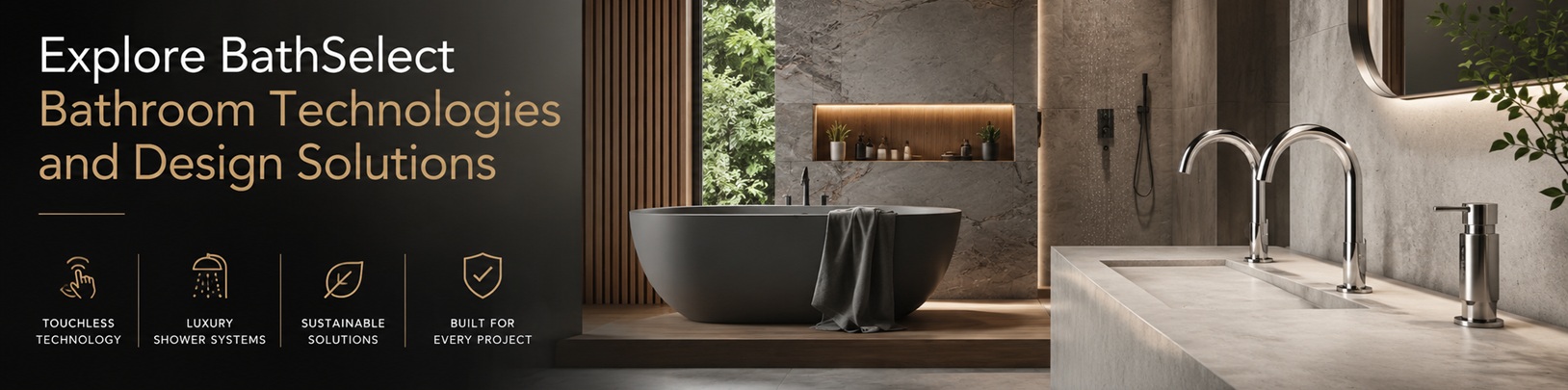 BathSelect bathroom technologies banner with luxury shower, touchless fixtures, and modern design solutions