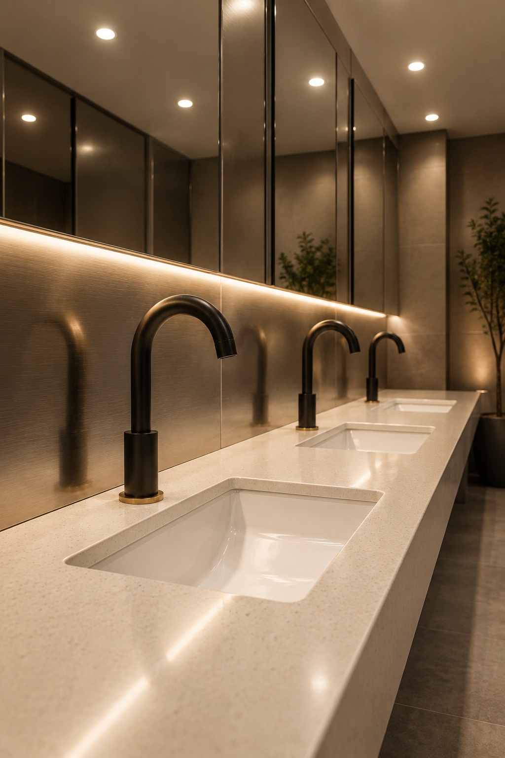 Modern commercial restroom featuring sleek touchless faucets, integrated sinks, and contemporary ambient lighting