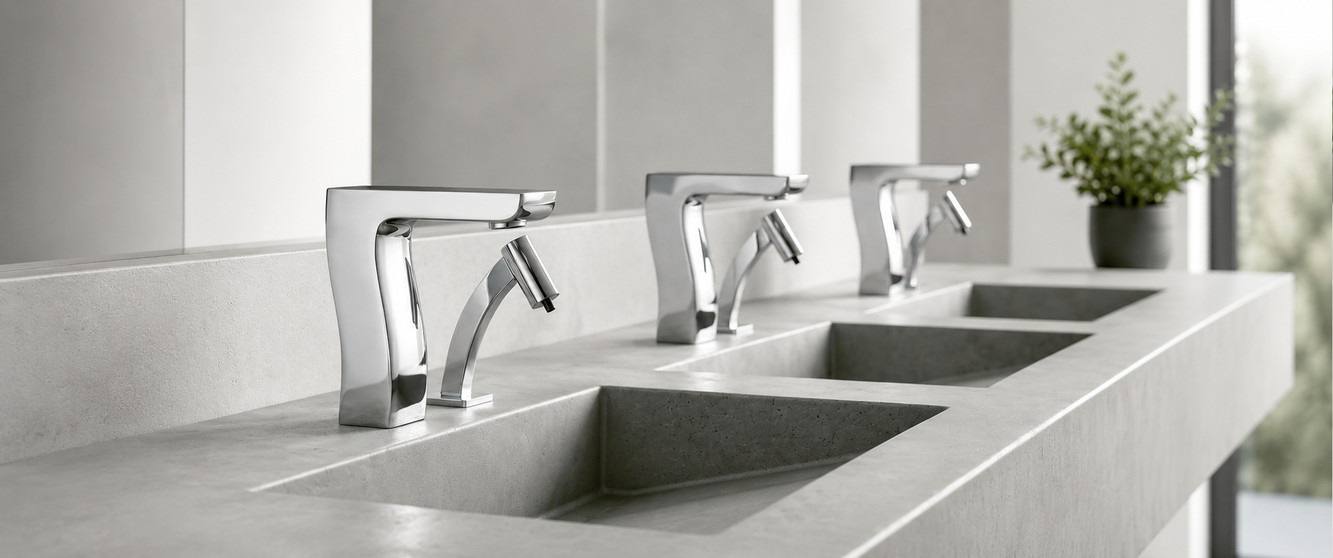 Modern commercial restroom with touchless chrome faucets and integrated concrete sinks in a minimalist design