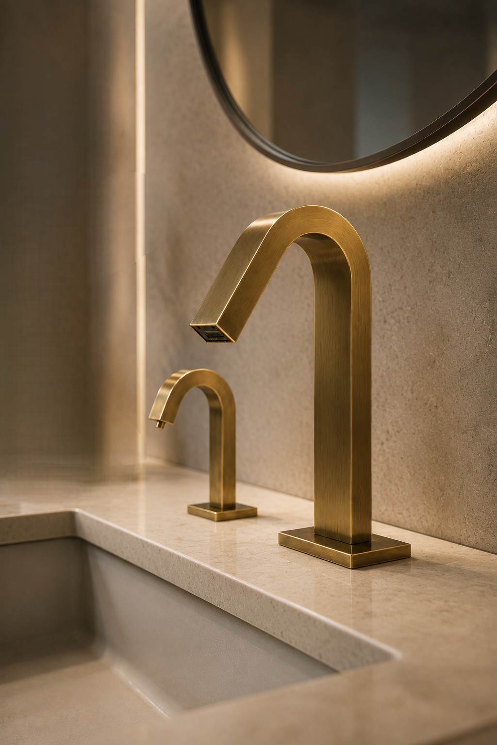 Brushed brass touchless faucet and soap dispenser set installed on a luxury vanity with illuminated mirror and contemporary stone surfaces