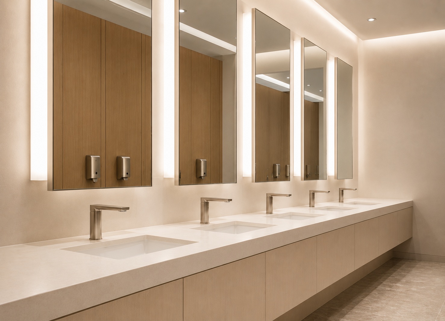 Modern corporate office restroom featuring touchless faucets, illuminated mirrors, and a clean minimalist design