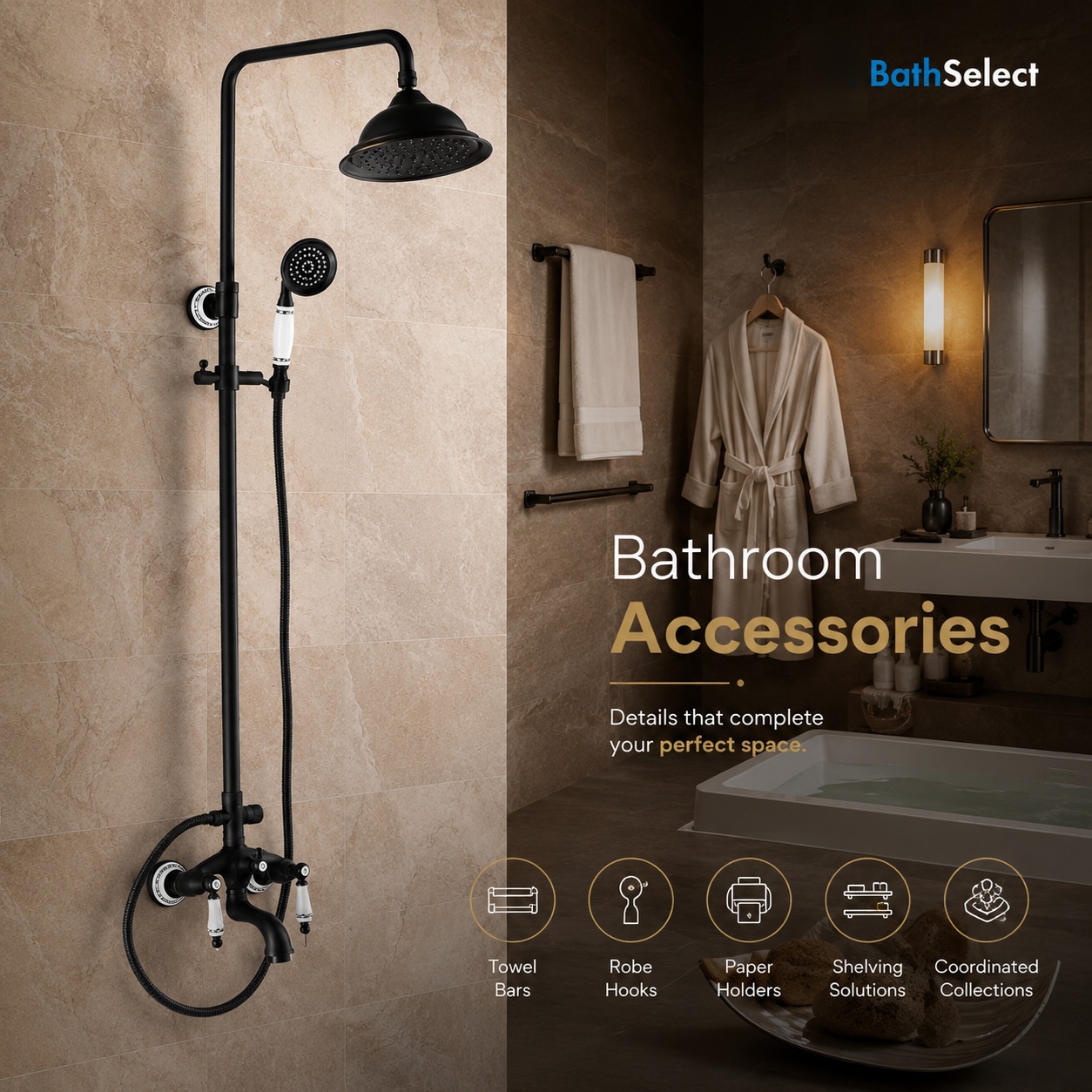 Luxury bathroom setting featuring coordinated towel bars, robe hooks, and accessory accents paired with elegant matte black fixtures