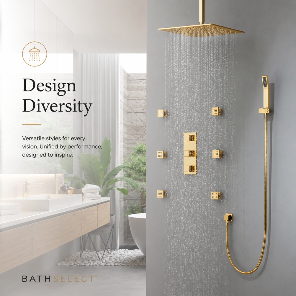 BathSelect gold shower system showcasing modern design diversity
