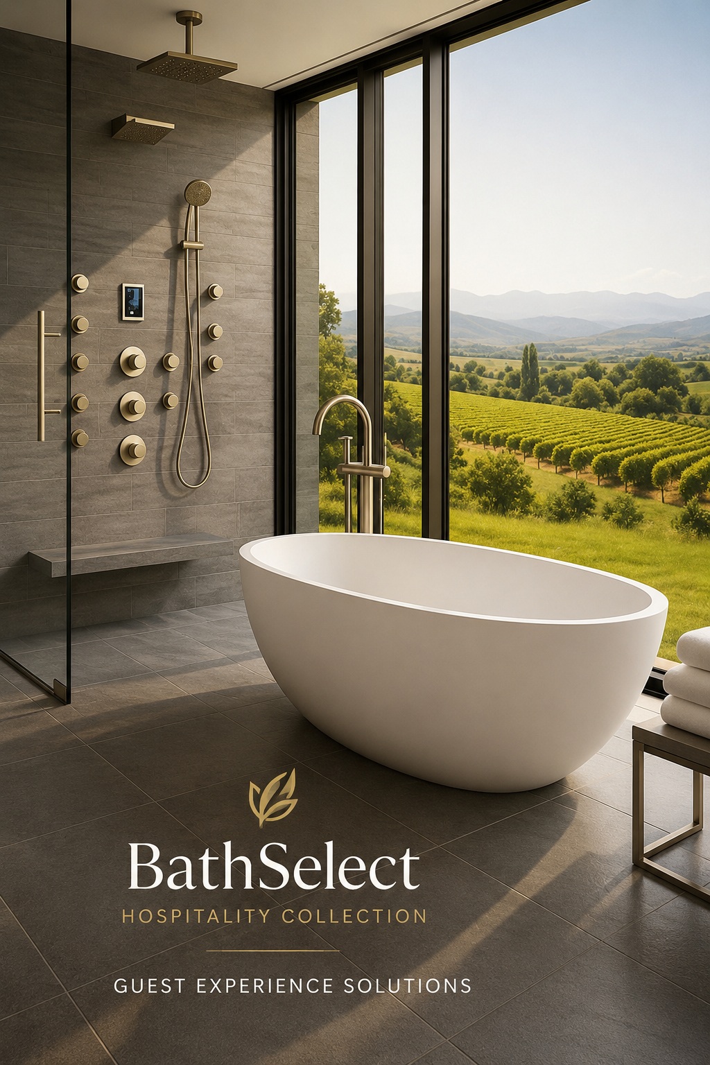 Luxury BathSelect hospitality bathroom featuring a freestanding tub, premium shower system, and scenic vineyard views designed to elevate guest experiences