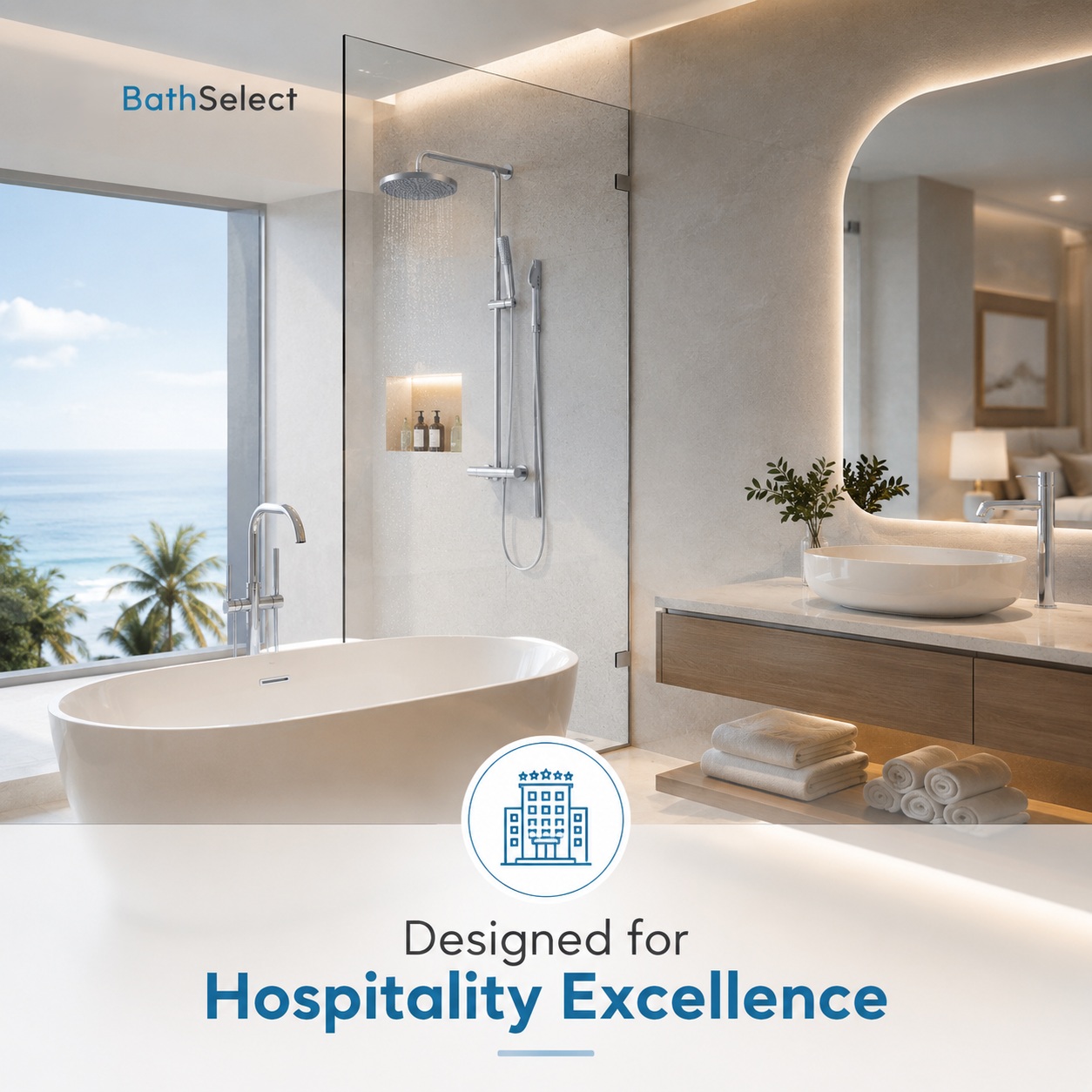 Luxury hotel bathroom featuring a BathSelect freestanding tub, rainfall shower system, and premium hospitality-focused fixture