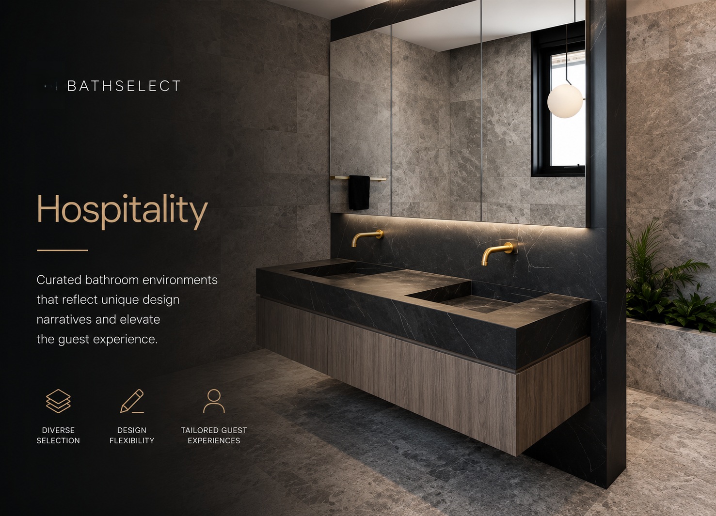 Modern hospitality bathroom showcasing custom BathSelect fixtures and designer-inspired interior styling