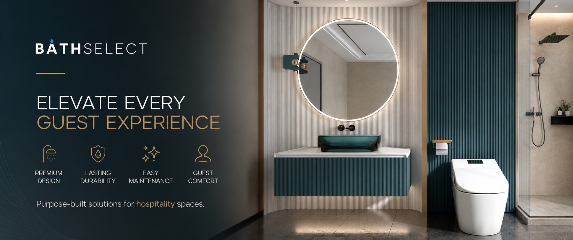 Modern BathSelect hospitality bathroom showcasing luxury fixtures and elevated guest experience design
