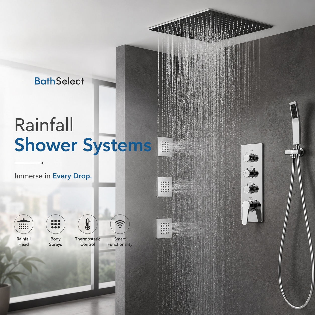 Modern rainfall shower system with body sprays, thermostatic controls, and sleek architectural styling for a spa-inspired bathroom