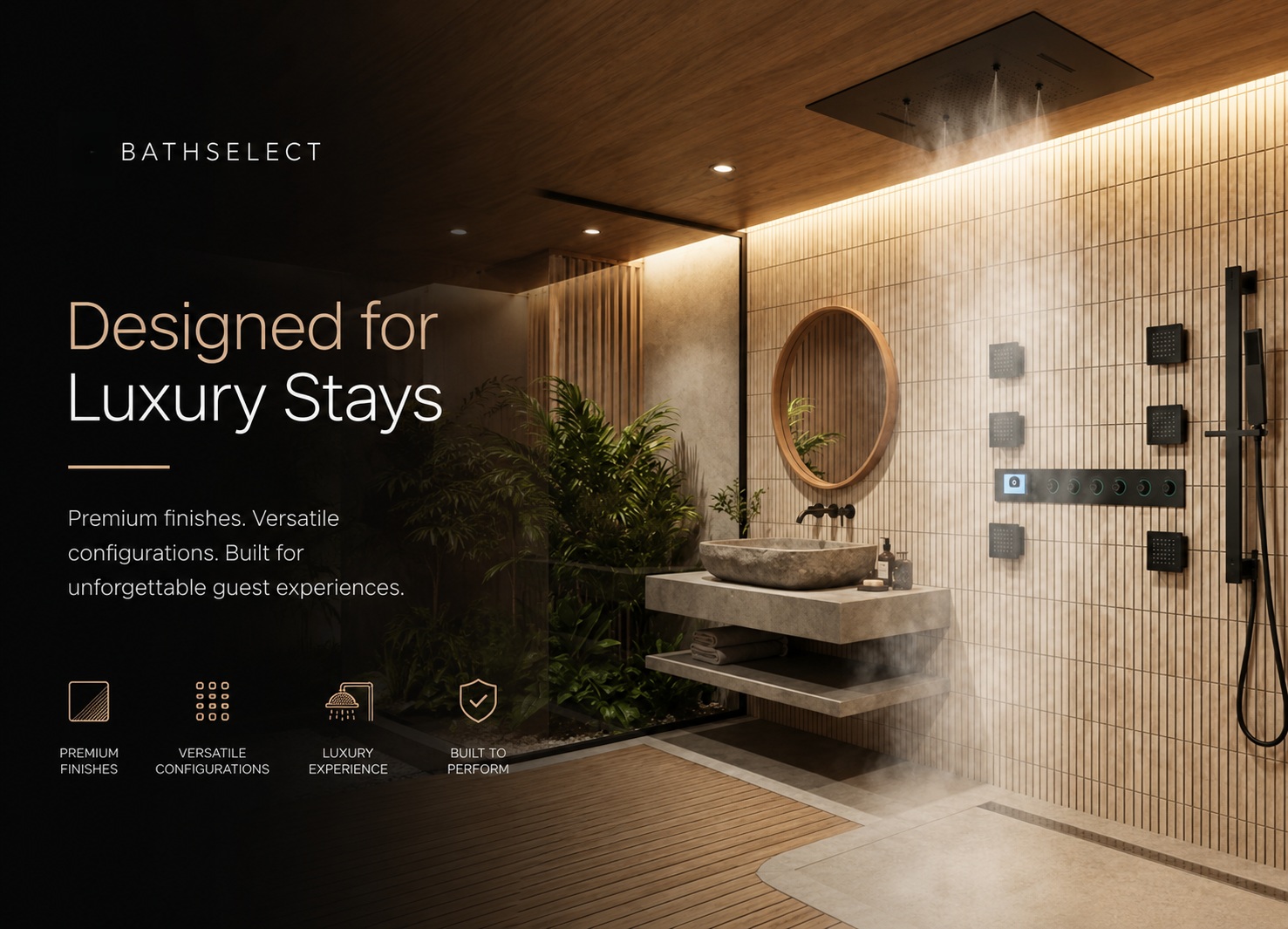 Luxury hotel bathroom featuring BathSelect premium shower system and modern guest-focused design