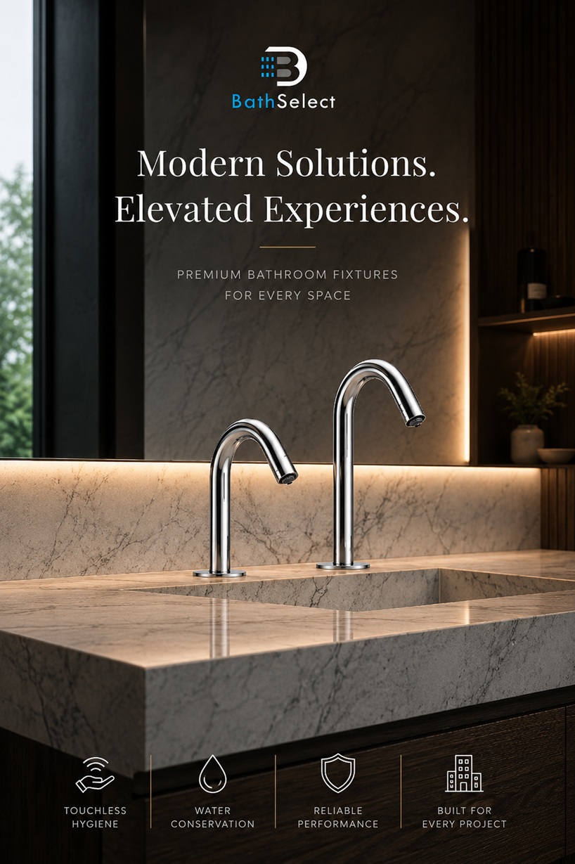 BathSelect modern bathroom fixtures with touchless faucets in a luxury marble restroom