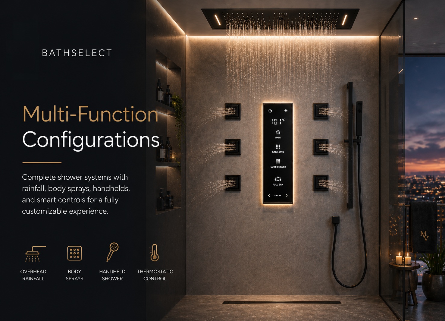 Luxury multi-function shower system with rainfall head, body sprays, handheld shower, and smart controls