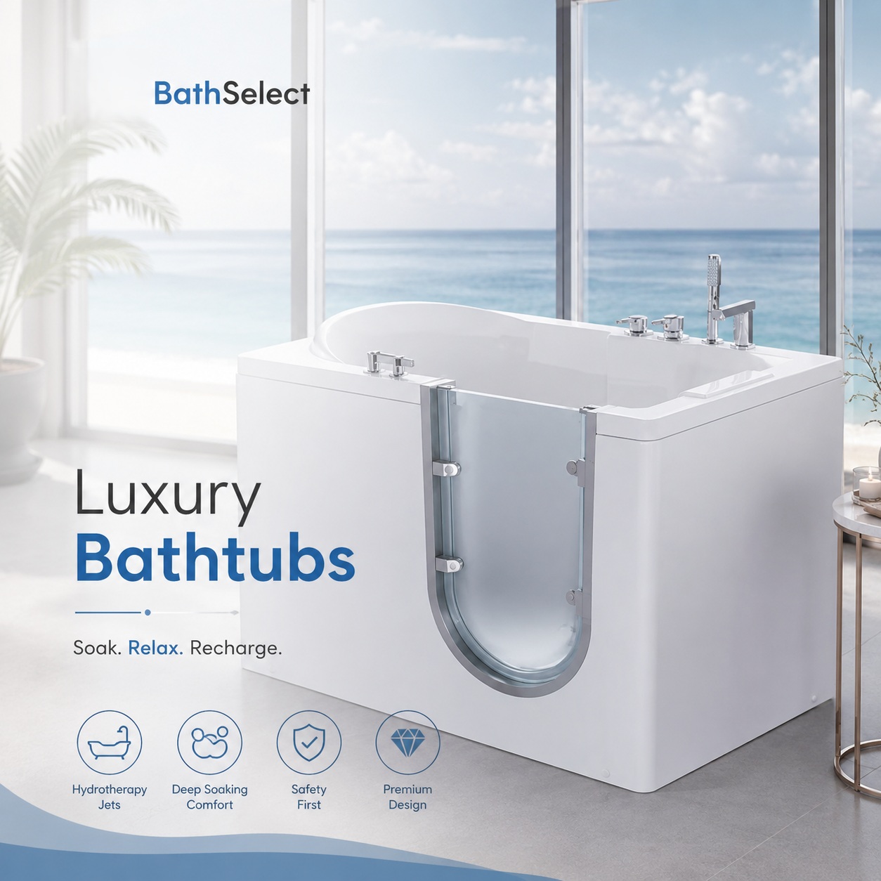 Luxury walk-in soaking tub with hydrotherapy features positioned in a bright coastal-inspired bathroom overlooking the ocean