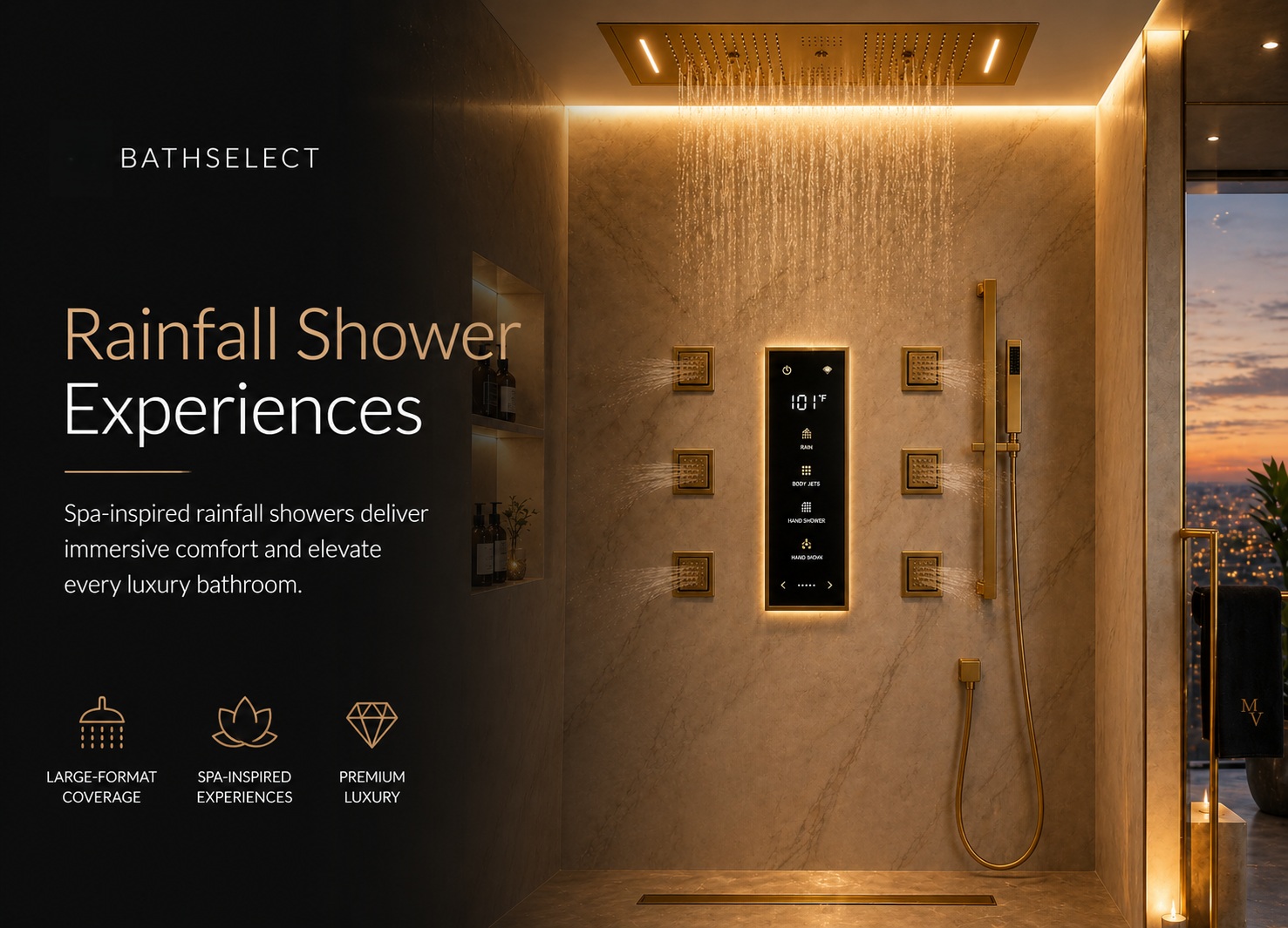 Luxury bathroom featuring a large-format rainfall shower system with spa-inspired design and premium finishes