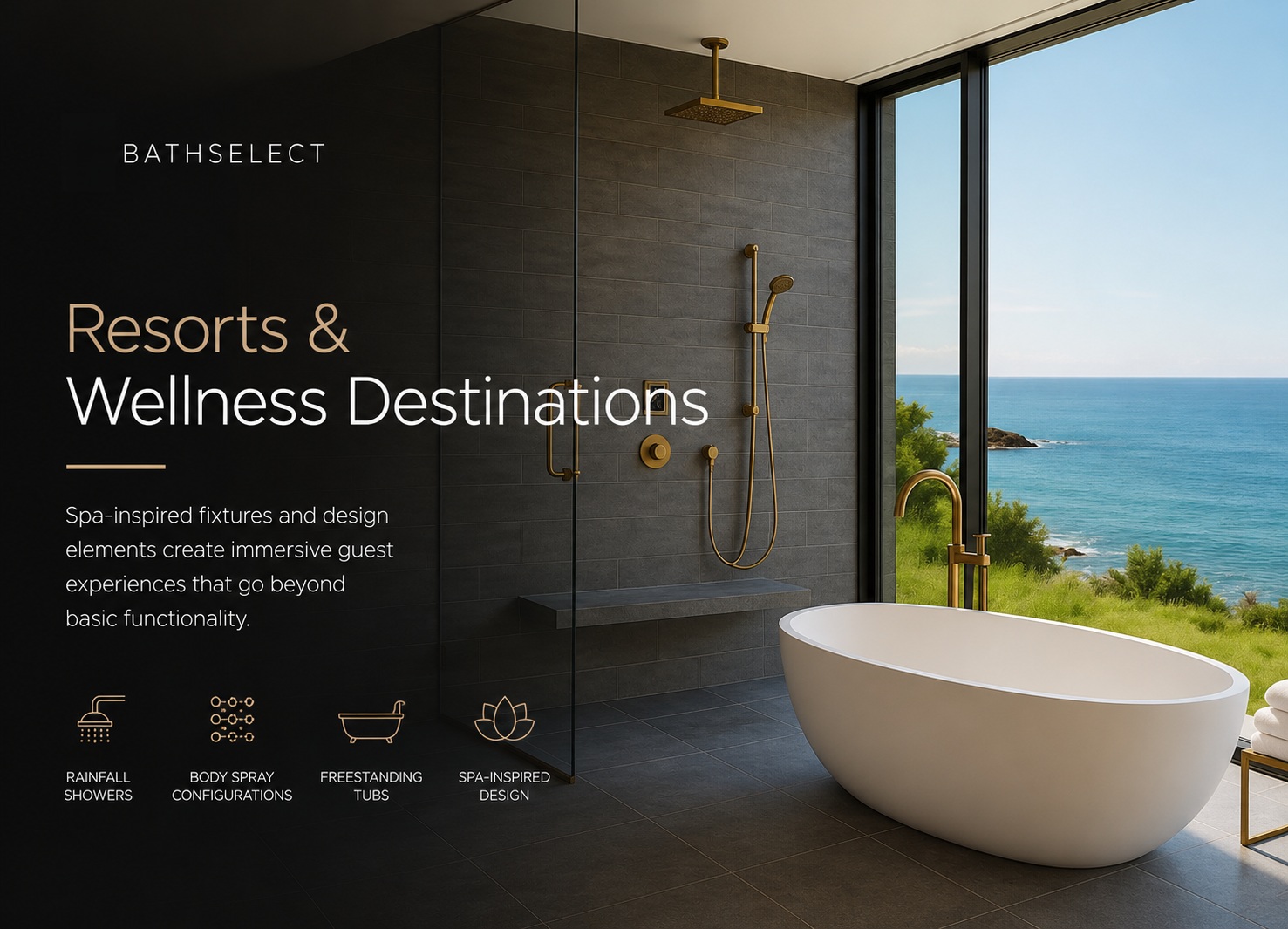Luxury resort bathroom with freestanding tub, rainfall shower, and panoramic ocean view