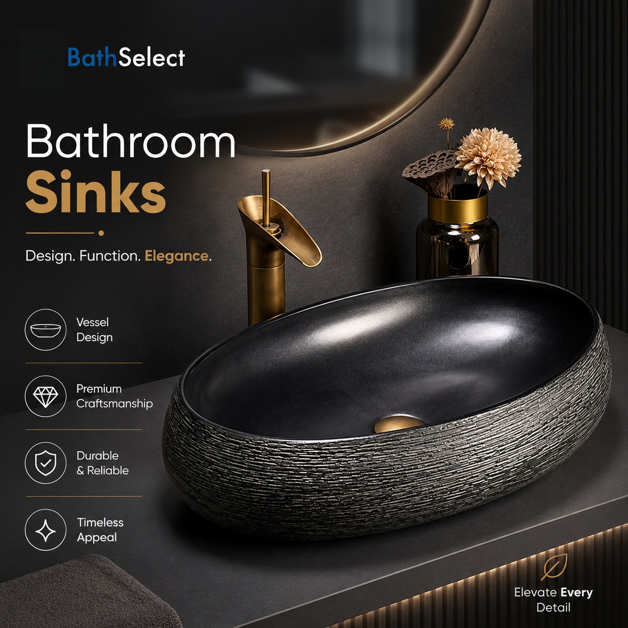 Textured black vessel sink paired with a brushed bronze faucet, showcasing contemporary bathroom design and refined craftsmanship