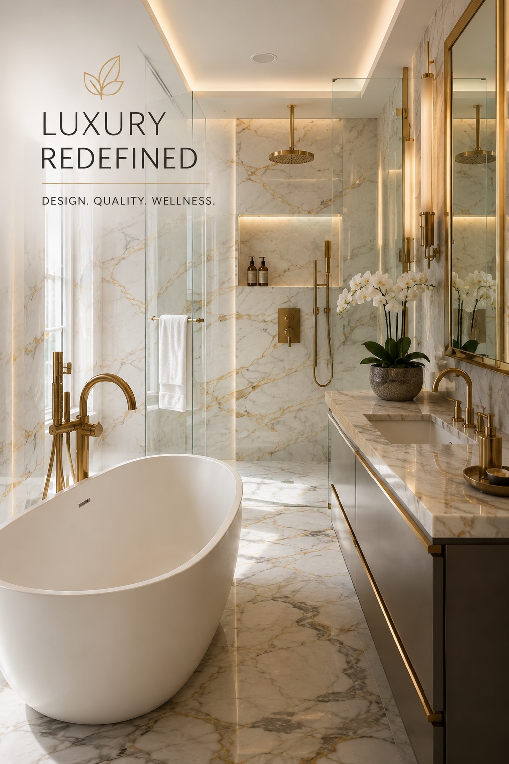 Elegant marble bathroom showcasing a freestanding tub, gold-toned fixtures, and coordinated designer elements for a refined wellness-inspired space