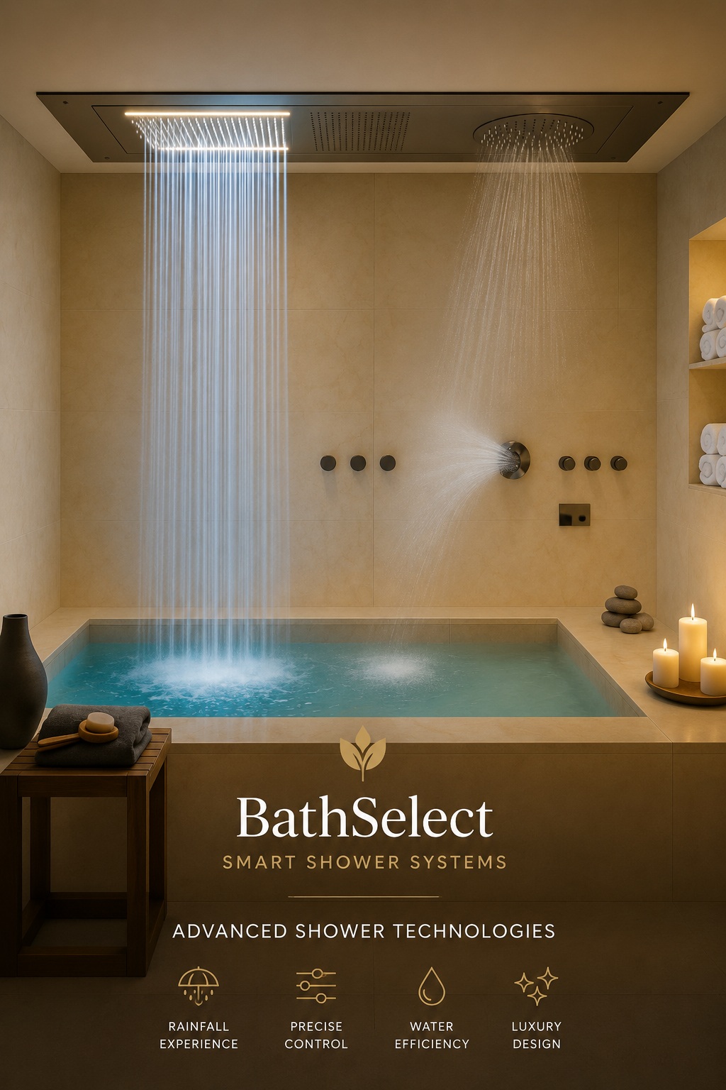 Modern BathSelect smart shower system featuring rainfall water flow, precision controls, and luxury spa-inspired design
