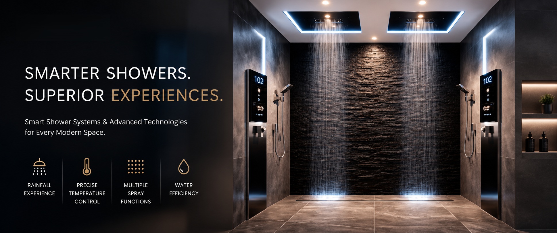 Modern BathSelect smart shower system with dual rainfall showerheads, digital controls, and luxury spa-inspired design