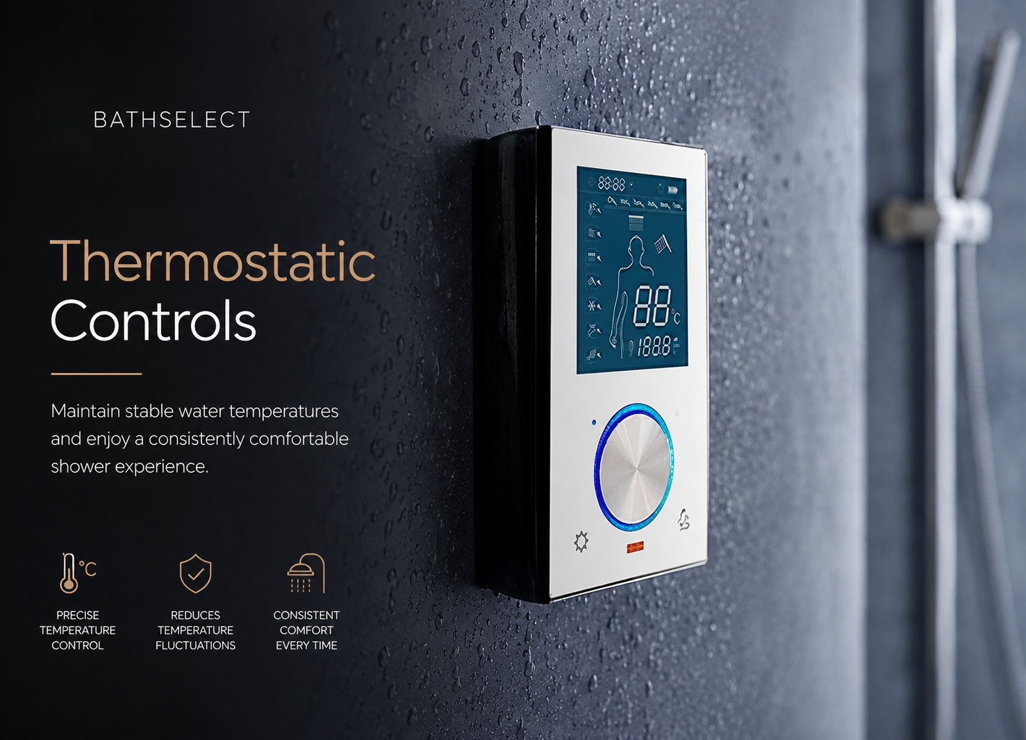 Digital thermostatic shower control panel providing precise and consistent water temperature management