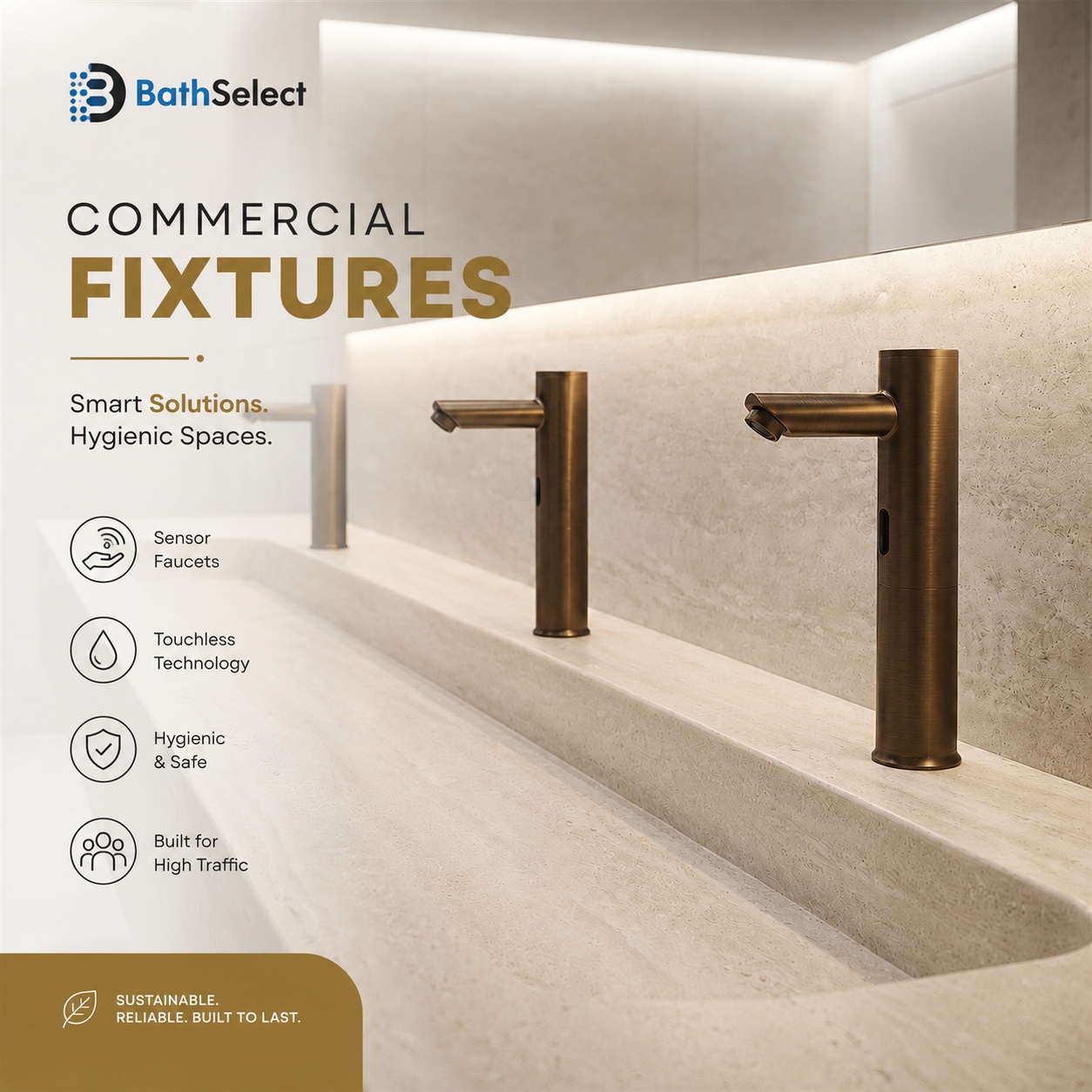 Modern commercial wash station featuring sensor-activated faucets and streamlined touchless technology for high-traffic environments