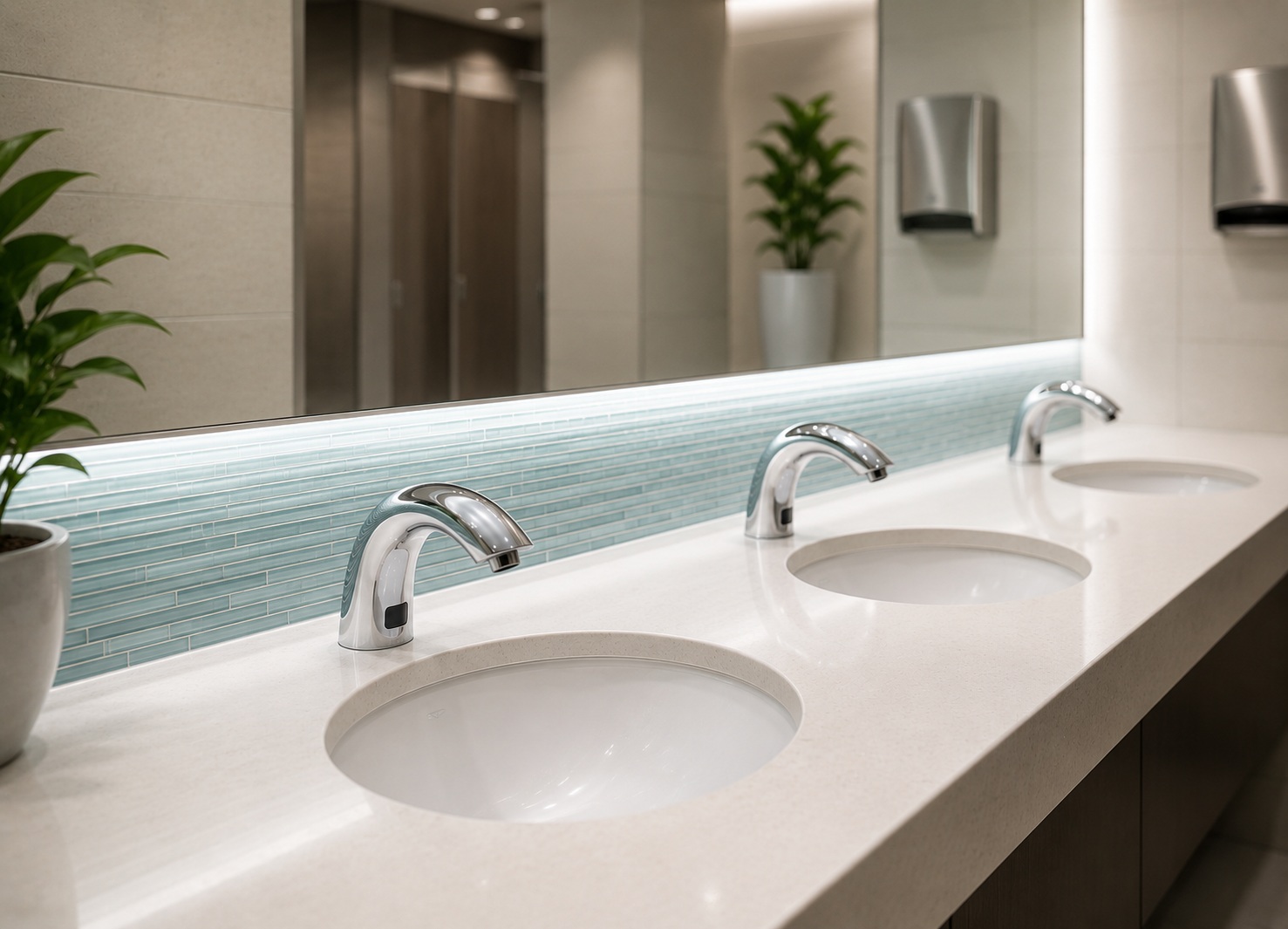 Modern healthcare restroom featuring touchless sensor faucets designed for enhanced hygiene and reduced contact points