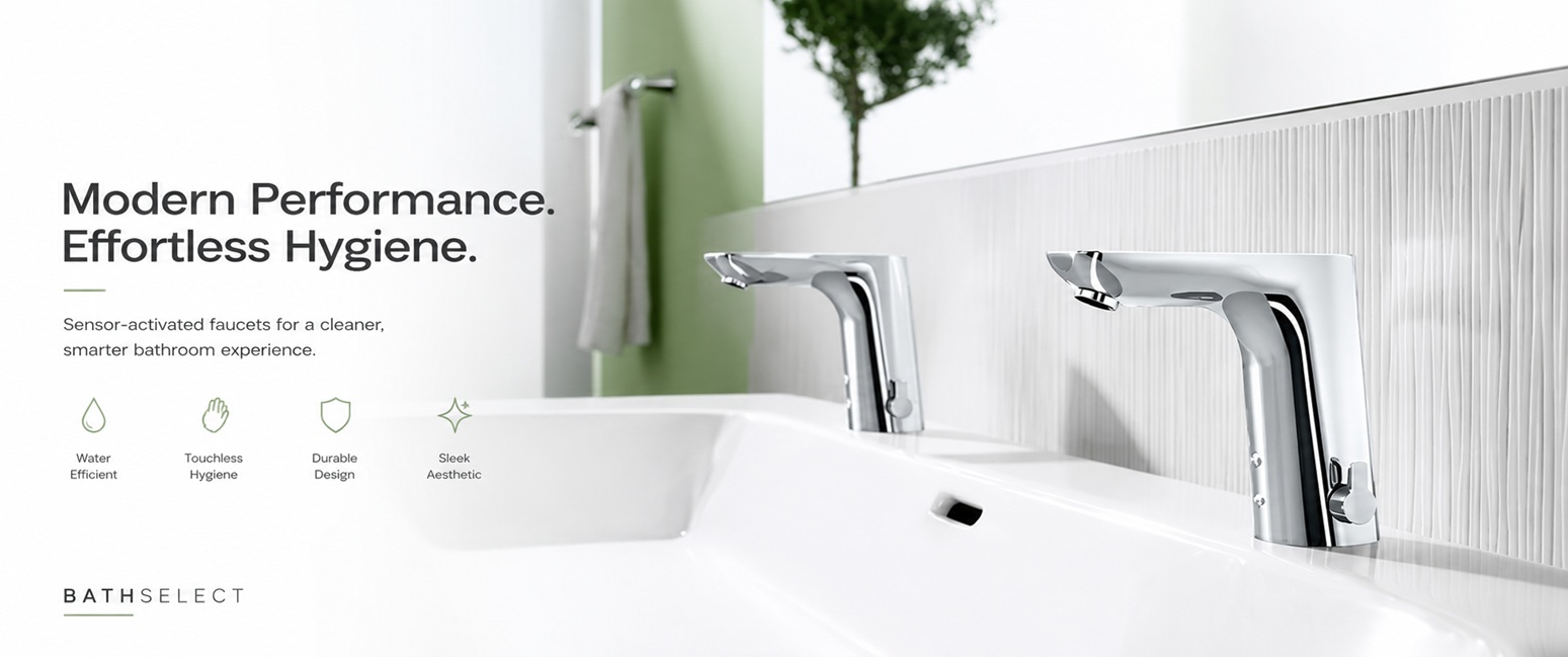 BathSelect chrome touchless faucets in a clean modern bathroom