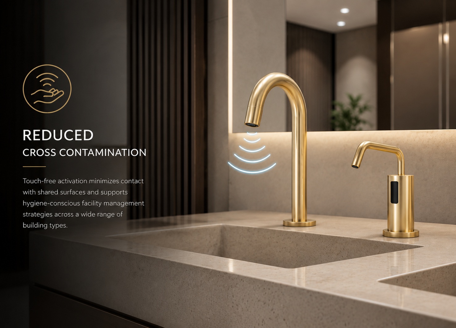Brushed gold touchless faucet duo installed on a modern vanity, promoting cleaner hands-free operation in commercial spaces
