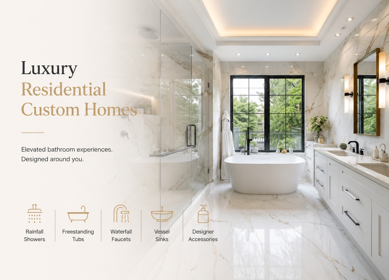 Elegant custom home bathroom featuring a freestanding tub, glass shower, and premium designer finishes
