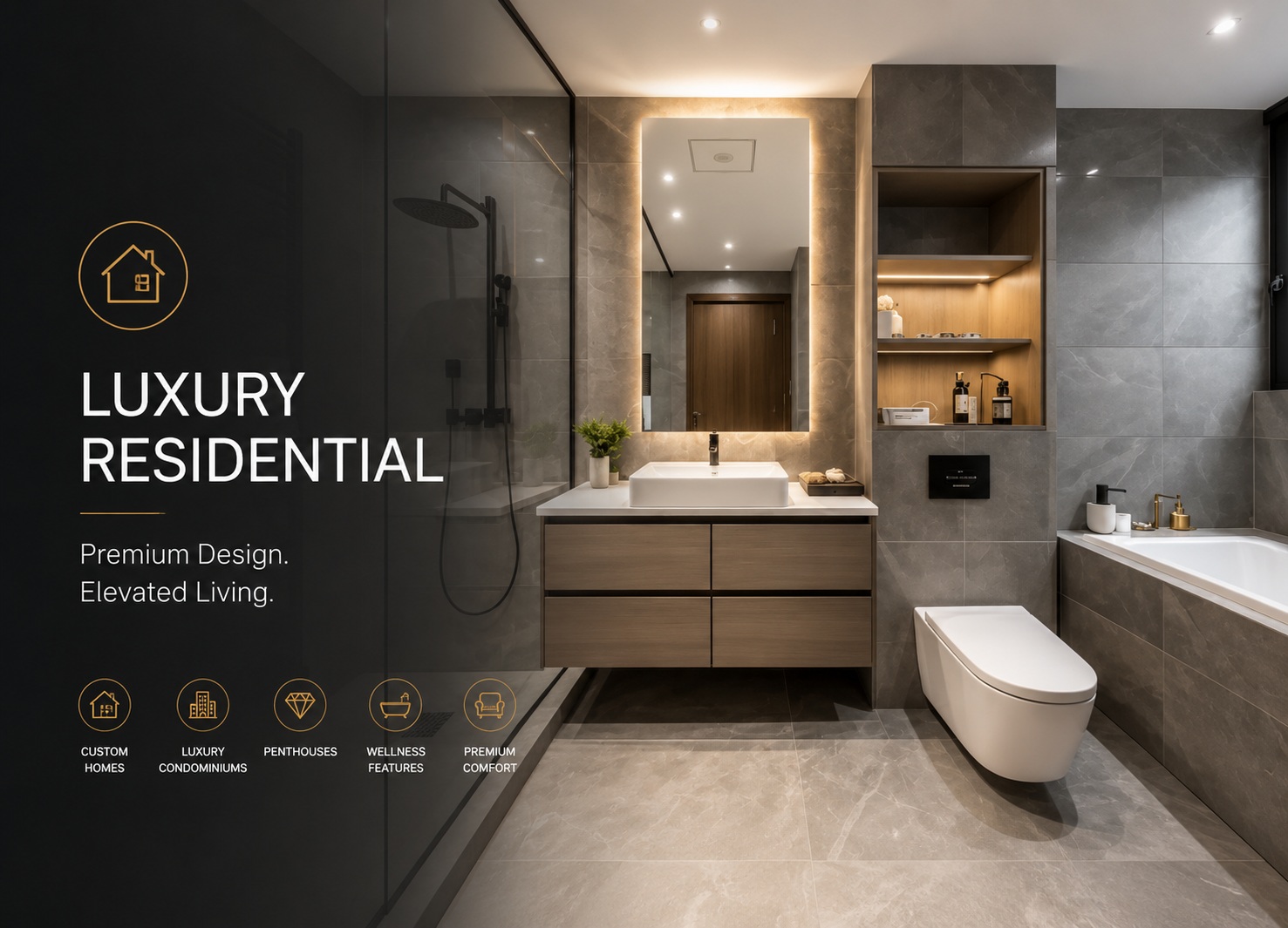 Sophisticated residential bathroom featuring premium finishes, ambient lighting, and spa-inspired comfort