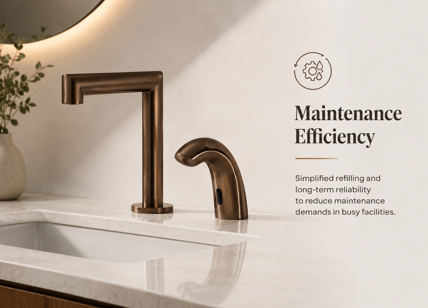 Bronze touchless dispenser and faucet highlighting low-maintenance performance in a modern commercial washroom