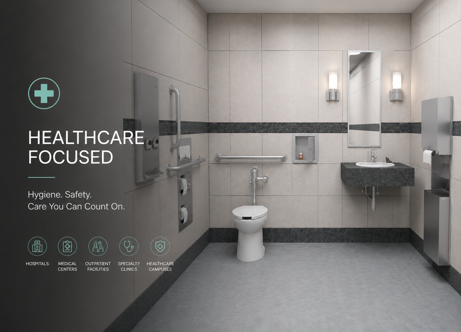 Modern healthcare restroom with accessibility features and hygiene-focused commercial fixtures