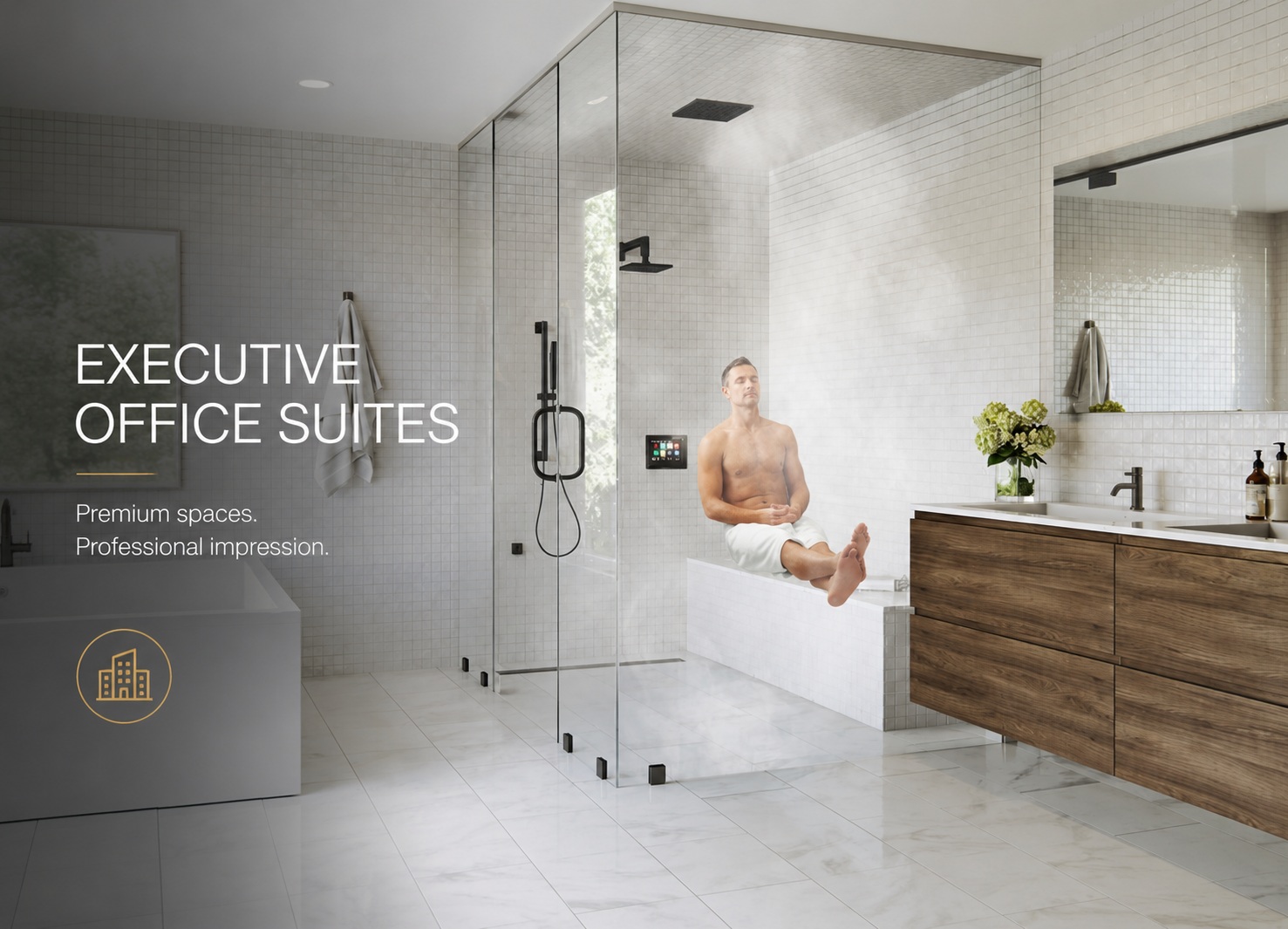 Elegant executive washroom featuring modern shower technology and upscale architectural finishes