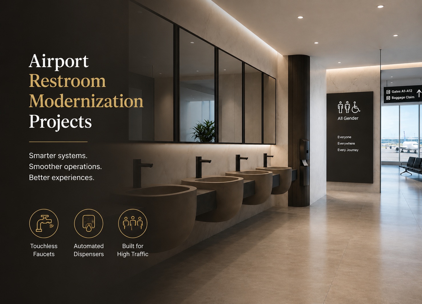 Modern airport restroom with touchless fixtures, automated dispensers, and streamlined design for high passenger traffic