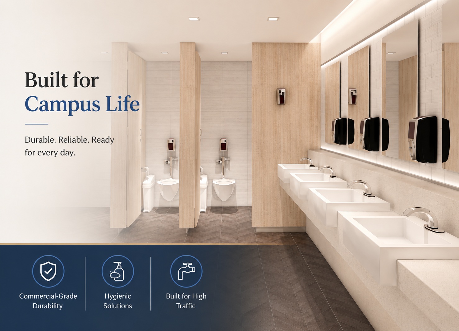 Modern university restroom with durable fixtures, touchless dispensers, and high-capacity wash stations for daily campus use